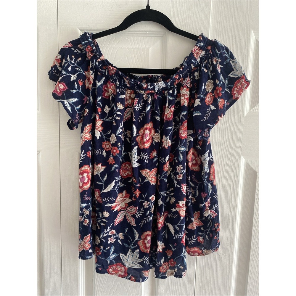 Old Navy Floral‎ Off The Shoulder Blouse Womens Size L Navy Blue Boho Rayon Top